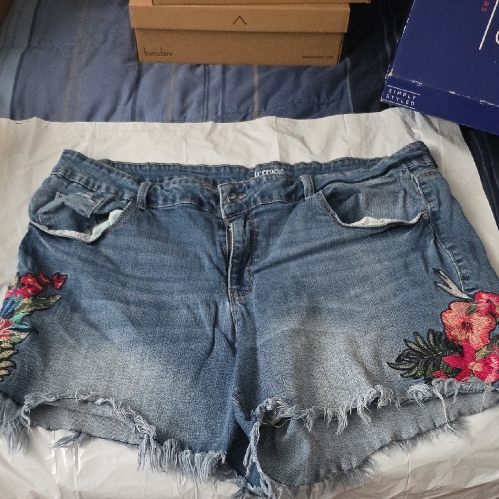 Blue Jean Shorts with Pink Floral Embroidery
